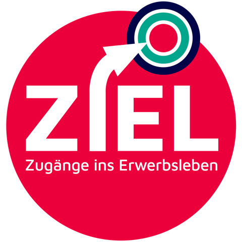 Rotes Logo „ZIEL – Zugänge ins Erwerbsleben“ mit Zielscheibe und Pfeil.