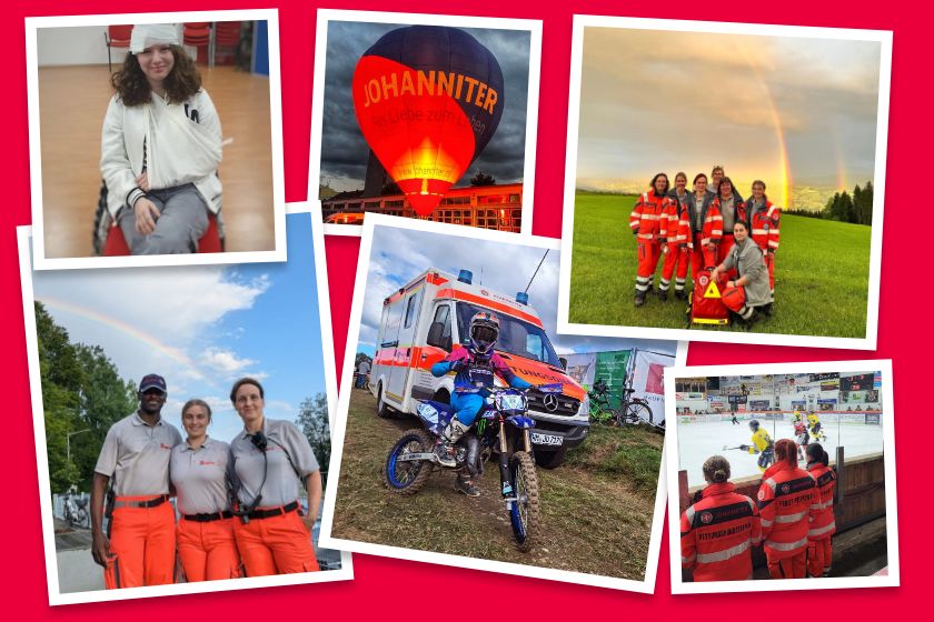 Collage mit Johanniter-Motiven: Mitarbeitende in Einsatzkleidung, Rettungsfahrzeug, Motorrad, Heißluftballon und Regenbogen.