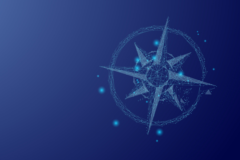 Digitaler Kompassstern ausleuchtenden Punkten und Linien auf dunkelblauem Hintergrund.