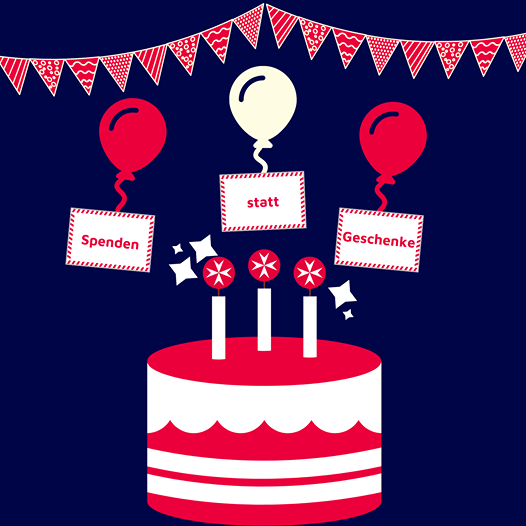 Eine Grafik mit Geburtstagstorte, Girlande und Ballons und dem Satz Spenden statt Geschenke.