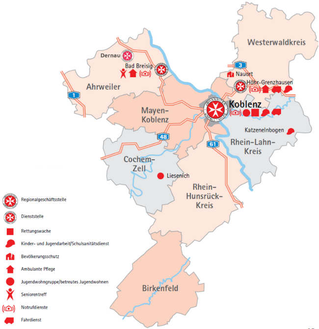 Eine Landkarte in der die Landkreise des Regionalverband Mittelrhein eingezeichnet sind und die Standorte z.B. in Koblenz, Höhr-Grenzhausen, Bad Breisig, Liesenich, Dernau. 
