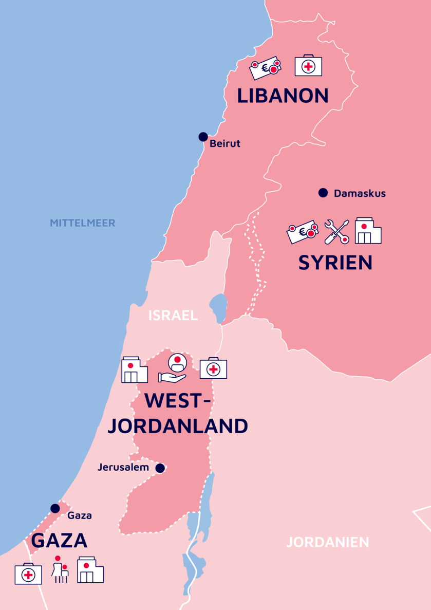 Übersichtskarte von Hilfsprojekten der Johanniter im Nahen Osten. 