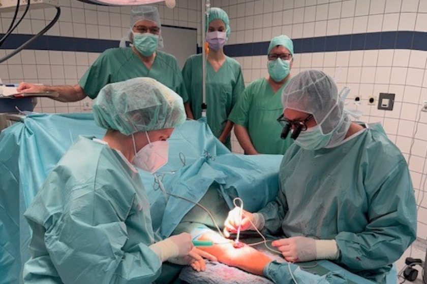 Was sieht man? Dr. Meyer führt die Flussmessung nach erfolgreicher Shuntanlage durch. hinten von links nach rechts: Dr. Klaus Welskop (Oberarzt Anästhesie/Intensivmedizin), Mona G. (Praktikantin Chirurgie I), Craig O. (Produktspezialist aus Australien) vorne von links nach rechts: Dr. A.S. Vetter (Oberärztin Chirurgie), Dr. Alexander Meyer (Chefarzt der Chirurgischen Klinik I)