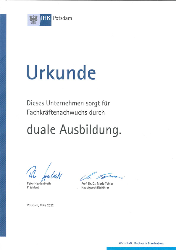 Urkunde der IHK Potsdam für Duale Ausbildung