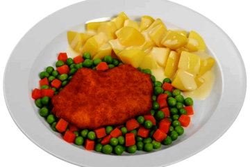 Erbsen, Möhren, Kartoffeln, paniertes Schnitzel Mainz