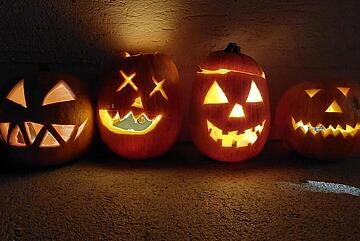 Eins, zwei, drei, vier - Jack O'Lantern ist hier. Vier selbstgeschnitzte Kürbisse verschönern die Dienstststelle