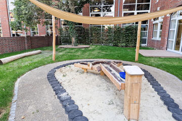 Ein Sandkasten mit Wasserspiel und einer Überdachung aus beigem Stoff. Im Hintergrund ein mehrstöckiges rotes Backsteingebäude mit großen weißen Fenstern.