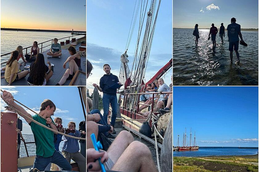 Collage der Segelfreizeit 2026 (gemeinsame Aktivitäten, Sonnenuntergang, Tau ziehen)