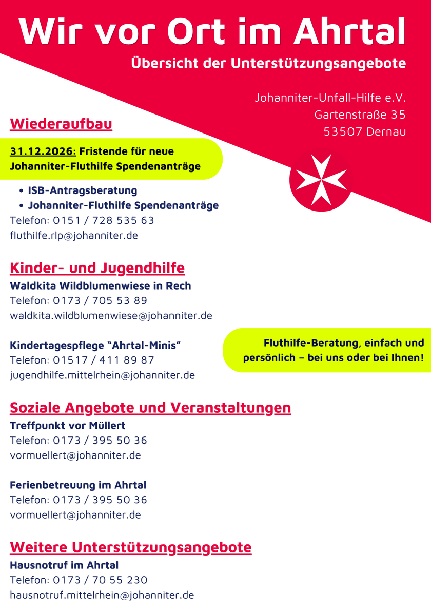 Übersicht über die aktuellen Hilfsangebote der Johanniter im Ahrtal.
