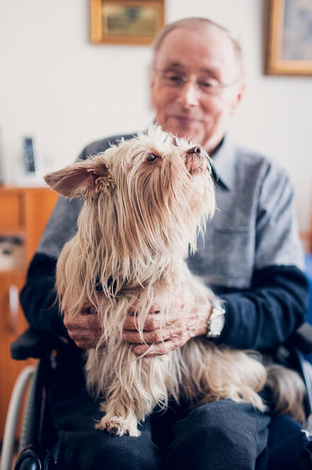 Bewohner im Rollstuhl hat einen kleinen Hund auf dem Schoß im Johanniter-Quartier Lübeck