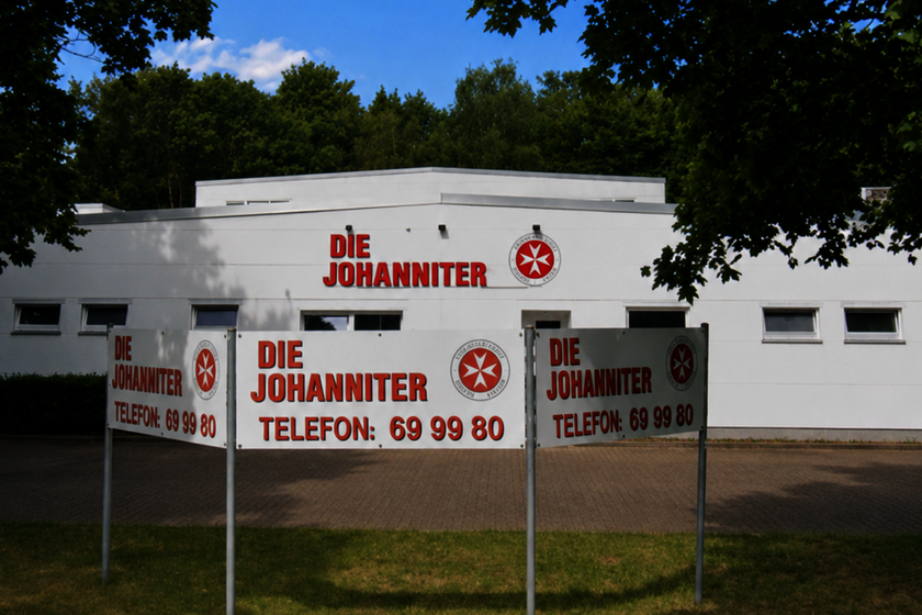 Außenansicht der Johanniter-Dienststelle Oberhausen in der Lessingstraße 8.  Das Gebäude dient als Anlaufstelle für soziale Dienste, Hausnotruf, Krankentransport und ehrenamtliches Engagement.