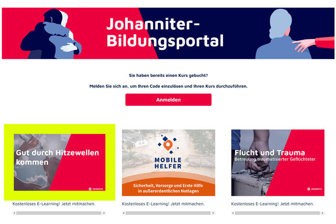 Johanniter Bildungsportal Startseite mit einigen Kursangeboten.