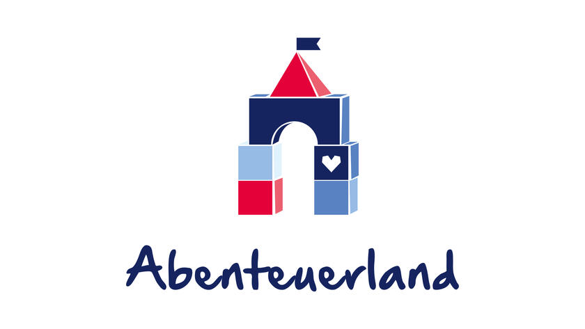 Logo der Johanniter-Kita Abenteuerland in Wiesbaden bestehend aus Bauklötzen in Form einer Burg.