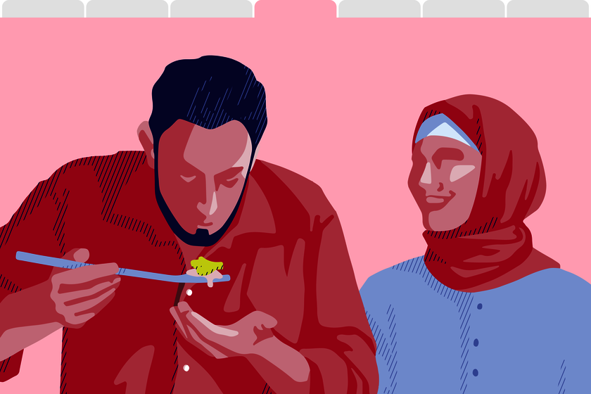Eine Illustration zeigt eine Kochszene mit einem Mann mit dunklen Haaren, der von einem Löffel kostet, und eine Frau mit Kopfbedeckung, die ihm lächelndzusieht.