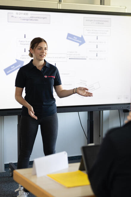 Eine Johanniter-Dozentin steht vor einer digitalen Tafel.