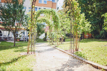 Spalier mit Grünpflanzen-Gartenweg im Johannter-Haus Köln-Finkenberg.