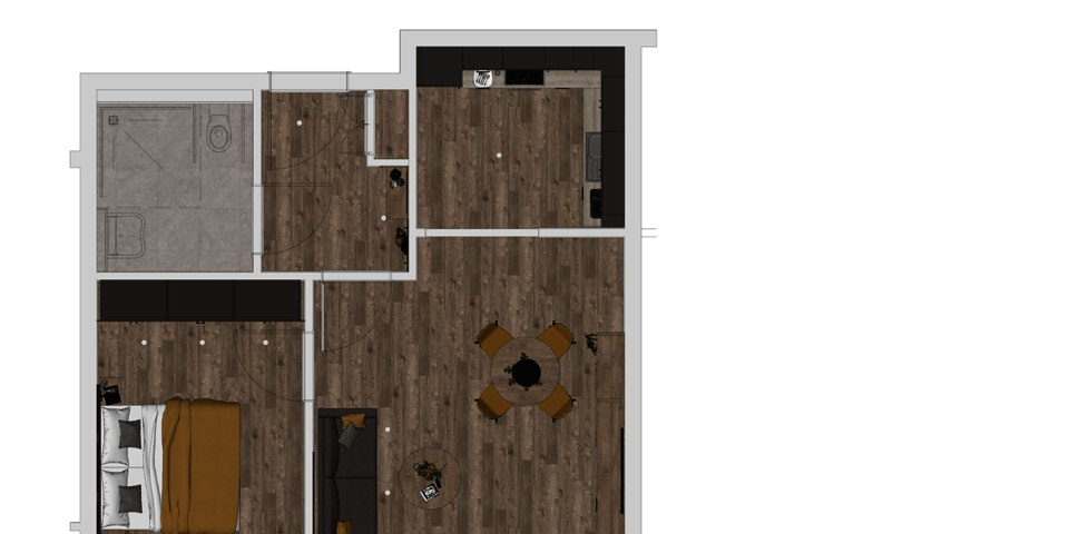 etwa quadratischer Grundriss einer Wohnung mit Wohn-Ess-Zimmer, Schlaufraum, Küche, Bad und Eingangsbereich