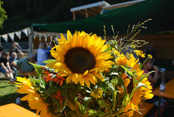 Ein Strauß Sonnenblumen bei der Eröffnung der Waldkita in Rech