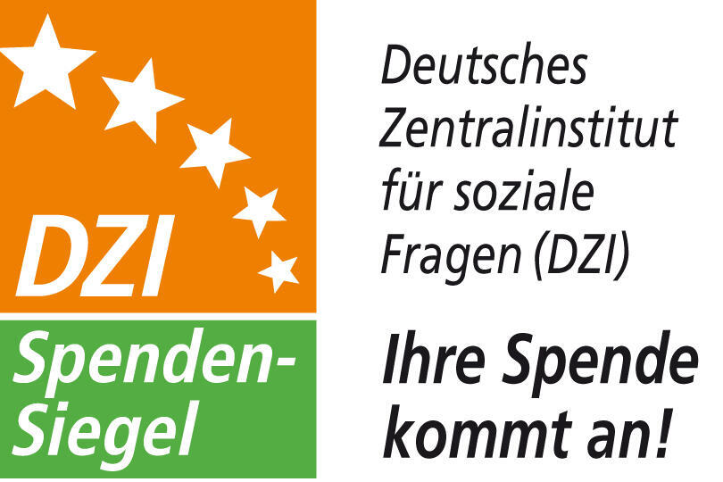 DZI‑Spenden‑Siegel in orange‑weiß mit der Aufschrift "DZI Spenden‑Siegel".