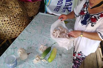 Eine Frau packt Pilze in eine Tüte