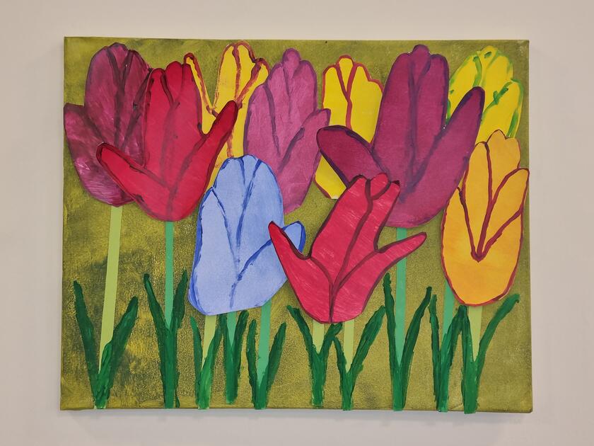 Selbstgemaltes Bild mit Frühlingsblumen