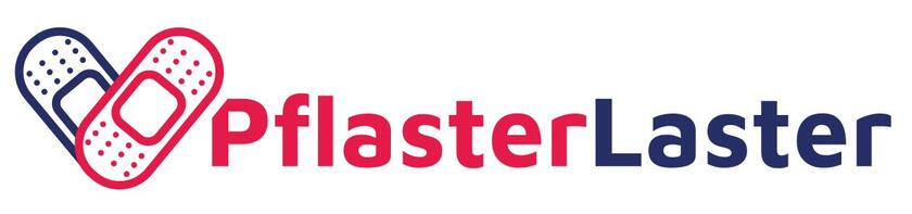 Logo des Projekts Pflasterlaster: auf der linken Seite zwei stilisierte Pflaster, die ein Herz formen. Rechts daneben das Wort "Pflasterlaster".