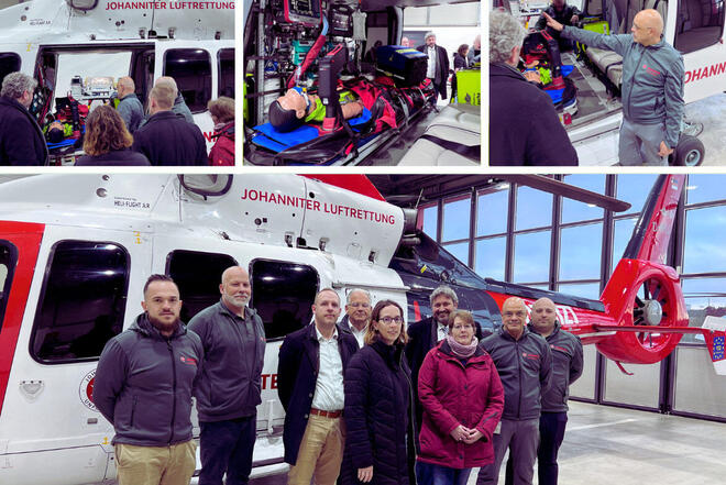 Abordnung aus dem Hessischen Landesamt für Gesundheit und Pflege besichtigt die Einsatzmaschinen des hessischen Dual-Use-Systems. Fotokollage.