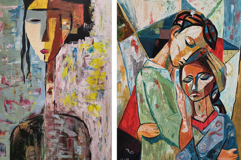 Zu sehen sind zwei Bilder der Kunstausstellung: Das eine zeigt ein Gesicht, das in zwei Hälften geteilt ist, das andere zwei Personen, von denen eine die andere in den Arm nimmt.