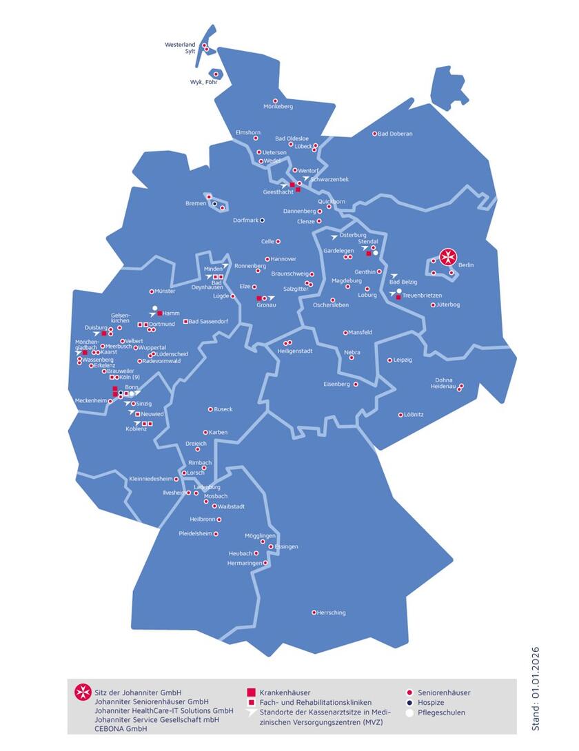 Deutschlandkarte mit Standorten der Johanniter