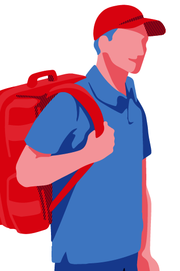 Eine Zeichnung von einer Person mit einer roten Schirmmütze und einem roten Rucksack auf dem Rücken.