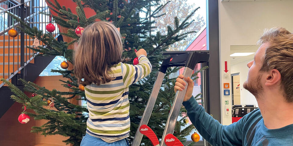 Ein kleines Mädchen steht auf einer Leiter und befestigt Weihnachtsschmuck an einer großen Tanne. Ein Mann hält sie fest.