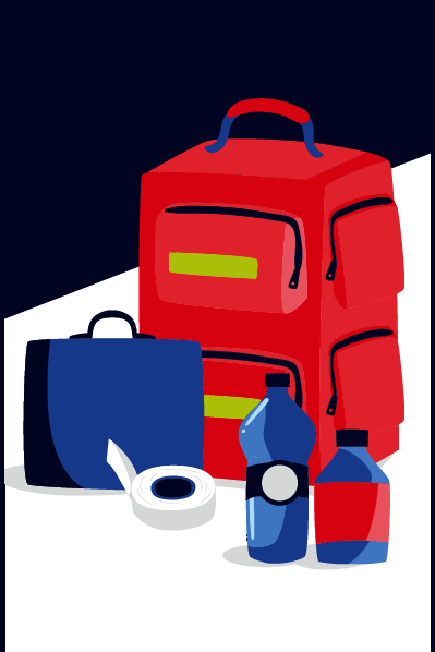 Eine bunte Grafik zeigt einen Rucksack mit einer Dokumentenmappe und zwei Trinkflaschen.