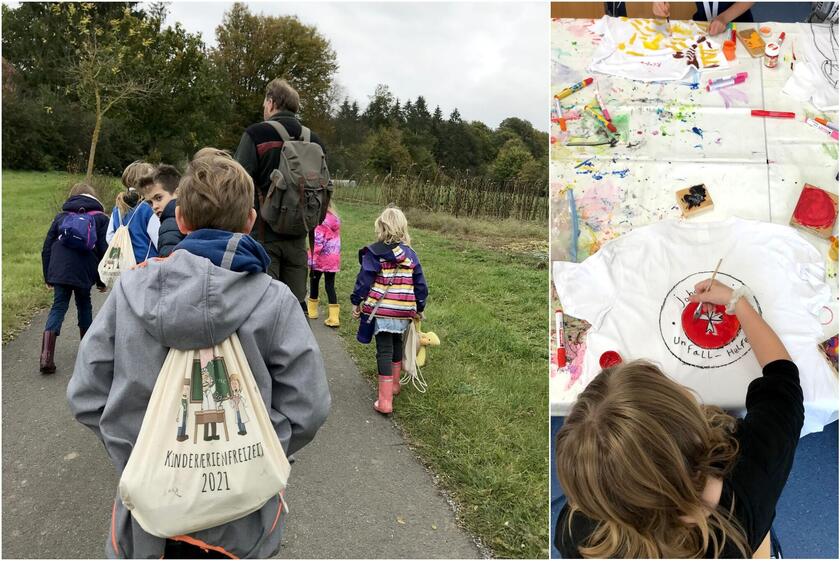 Zwei Bider: Links: Kinder laufen einen Weg entlang, im Vordergrund ein Junge mit "Kinderfereienfreizeit 2021"-Turnbeutel. Rechts: von oben aufgenommen, ein Mädchen bemalt ein T-Shirt mit Johanniter-Logo