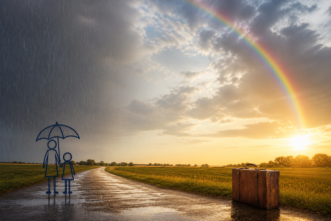 Landschaft mit Regen und Regenbogen 
