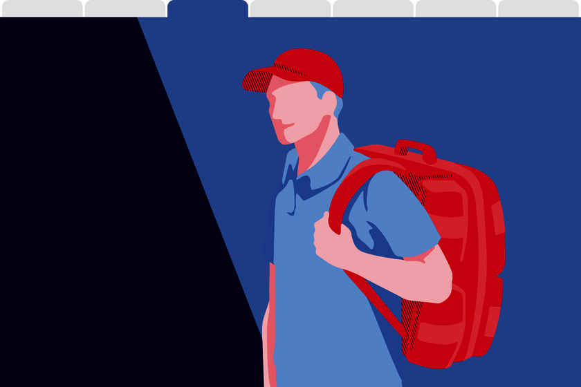 Eine Illustration zeigt eine Person mit roter Schirmmütze vor blauen Hintergrund, die einen Einsatzrucksack trägt.