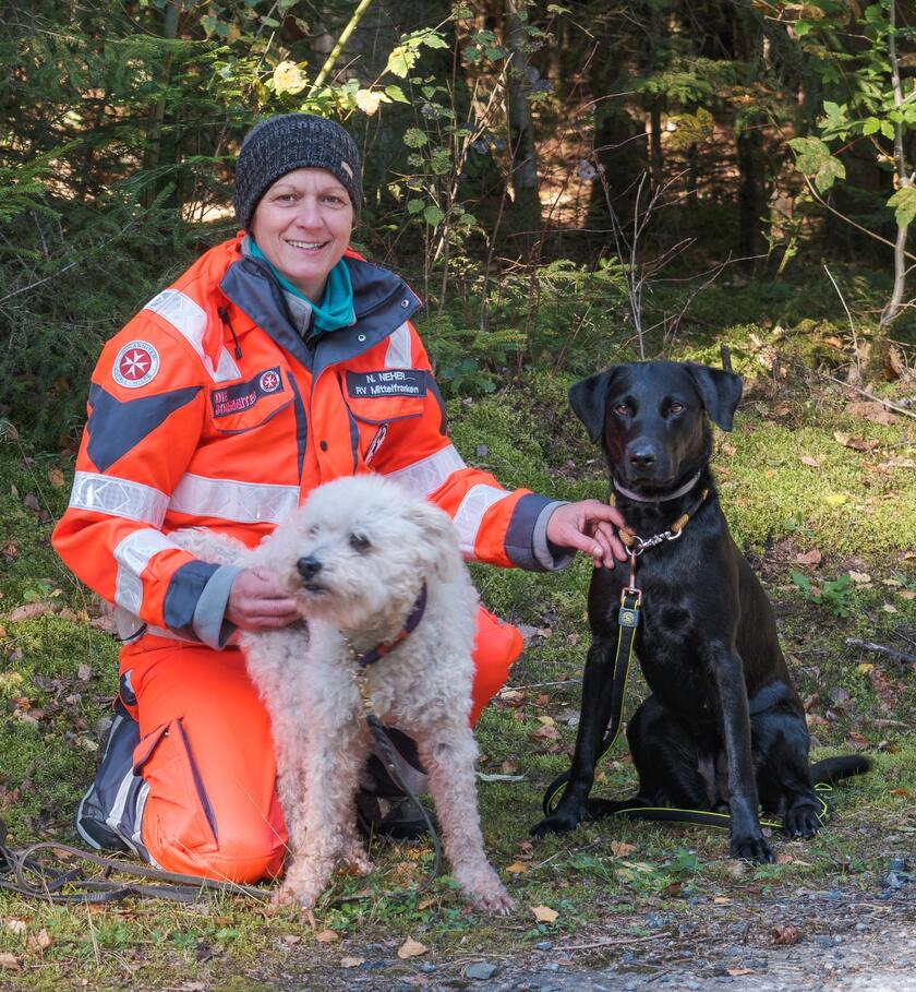 Eine Johanniter-Rettungshundeführerin in leuchtend orangener Einsatzkleidung kniet auf einem Waldweg und lächelt in die Kamera. Neben ihr sitzen zwei freundliche Rettungshunde, einer beige gelockt, der andere schwarz. Alle drei wirken fröhlich und einsatzbereit.