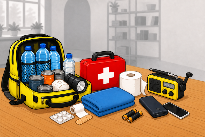 KI-generiertes Bild: Notfallvorrat auf einem Tisch: gelber Rucksack, rotes Erste‑Hilfe‑Päckchen, Wasserflaschen, Radio, Mobilgeräte und Verbandmaterial.