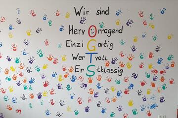 Wandbild mit Handabdrücken Johanniter-Offene-Ganztagsschule Grundschule Schorndorf
