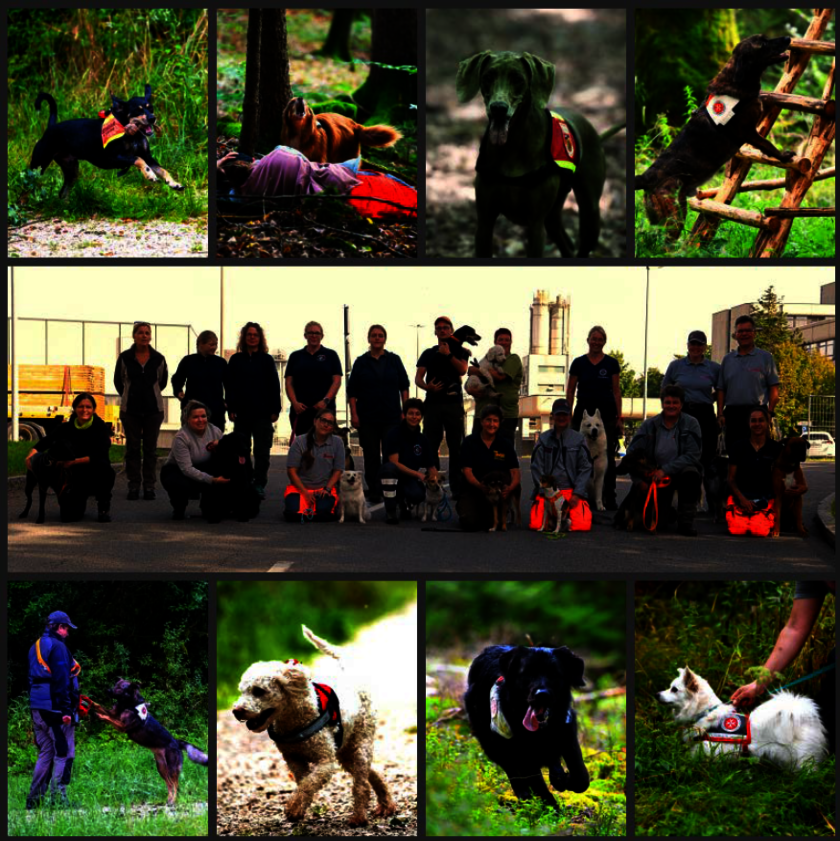Es ist eine Bildcollage zu sehen mit einem Gruppenbild der Rettungshundeführer mit ihren Hunden sowie einzelne Einsatzbilder von Hunden, die in Waldgebieten oder auf Wegen suchen.