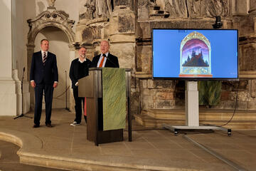 Pfr Dr. Christoph Herbst (Vizepräsident Landessynode Sachsen, Ev.-Luth. Kirchgemeinde DD-Blasewitz), Privatdozent Dr. Holger Birkholz (Konservator im Albertinum, SKD), Volkmar Kuhn (Moderator); Quelle: JHG Dresden