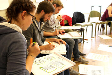 Junge Erwachsene sitzen nebeneinander und zeichnen auf einem Block