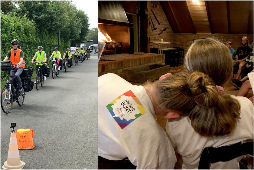 Zwei Bilder: links eine Gruppe von jungen Erwachsenen und Jugendlichen in Warnwesten, die hintereinander Fahrrad fahren. Rechts: Zwei Jugendliche, die Kopf auf Schulter nebeneinander in einer Runde von Leuten vor einem Kaminfeuer sitzen.