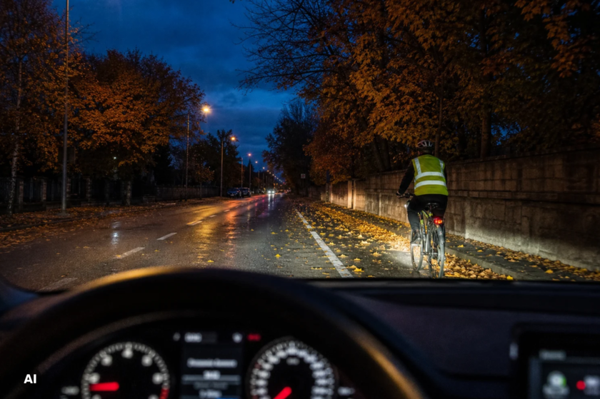 Blick aus einem Auto auf eine herbstlich nasse Straße in der Dämmerung: Ein Radfahrer mit Warnweste und beleuchtetem Fahrrad fährt auf dem Radweg am Straßenrand, umgeben von Laub und herbstlich gefärbten Bäumen.