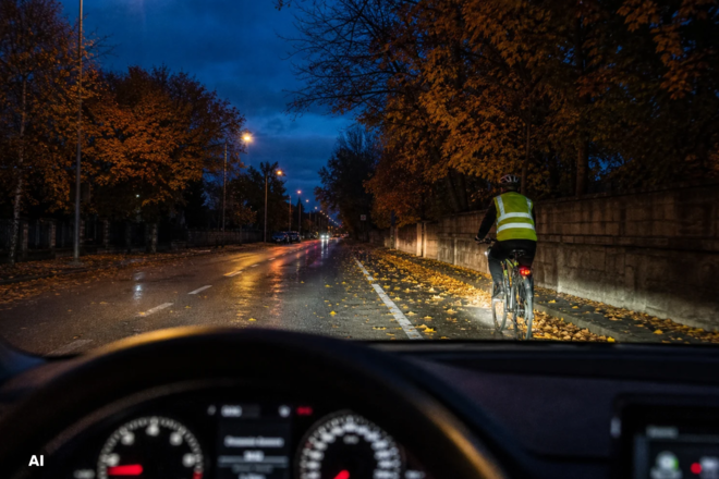 Blick aus einem Auto auf eine herbstlich nasse Straße in der Dämmerung: Ein Radfahrer mit Warnweste und beleuchtetem Fahrrad fährt auf dem Radweg am Straßenrand, umgeben von Laub und herbstlich gefärbten Bäumen.