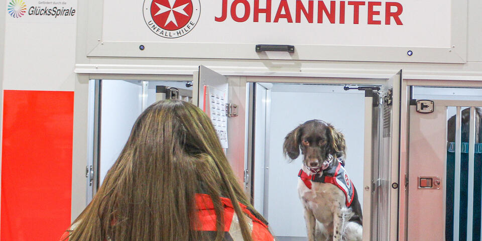 Eine Johanniterin an einem Fahrzeug mit Hundeboxen. Ein Hund schaut sie aus einer geöffneten Box an.