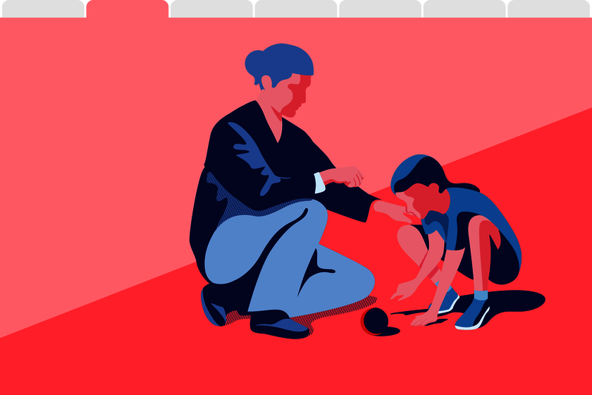 Eine Illustration zeigt eine Frau und ein Kind vor rotem Hintergrund, die gemeinsam auf dem Boden hocken und spielen.