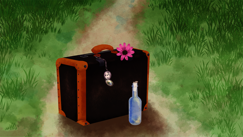 gezeichntes Bild, Koffer auf dem Weg