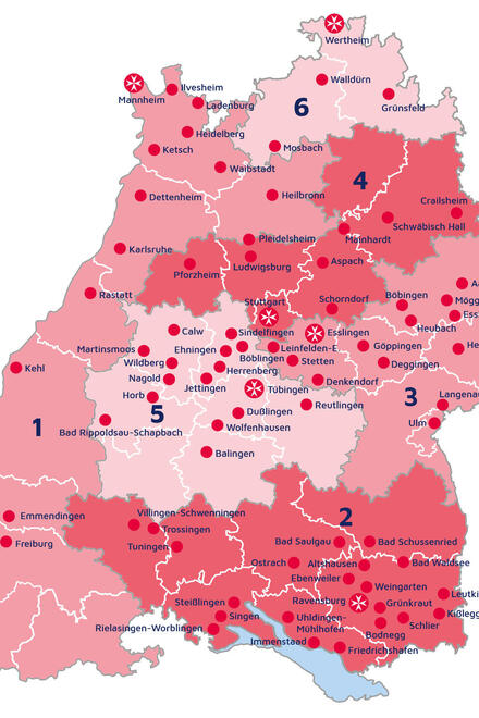 Baden-Württemberg-Karte mit den Standorten des Landesverbandes Baden-Württemberg