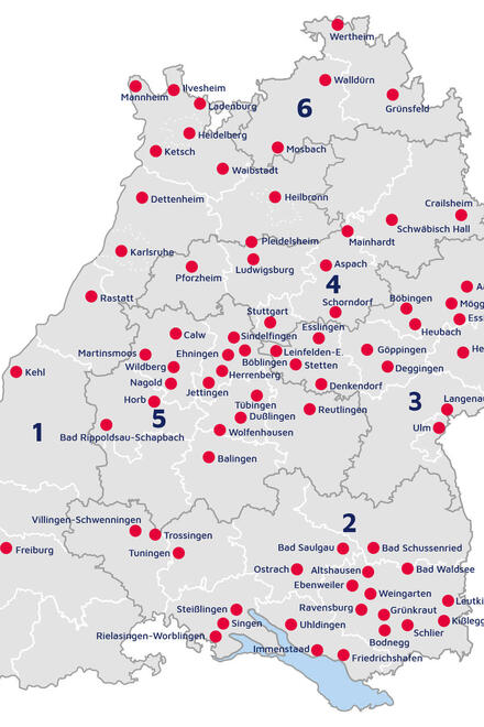 Stilisierte Übersichtskarte mit den Johanniterstandorten in Baden-Württemberg