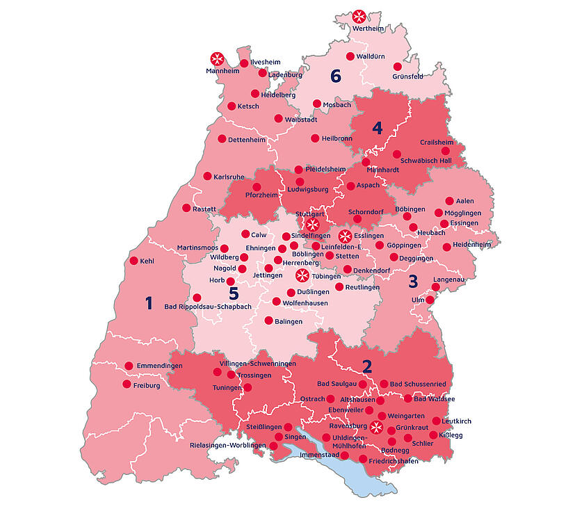 Baden-Württemberg-Karte mit den Standorten des Landesverbandes Baden-Württemberg
